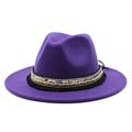 Detail of purple fedora hat featuring a decorative sequin band and ethnic fringe trim - M (56-58cm) / Purple
