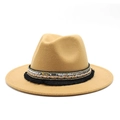 Close-up of a camel wool fedora hat featuring a decorative tassel and sequined band - Camel