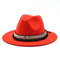 Close-up of red wide brim fedora hat featuring ethnic ribbon with sequins and tassels - Orange Red