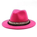 Detailed view of magenta fedora hat with bohemian woven ribbon and gold sequins - Rose Red