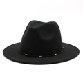 Detail of black wool fedora hat featuring a thin band with gold metal cylinder accents - M(56-58cm) / Black