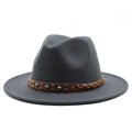 Close-up of dark grey wool fedora with brown woven belt, blue beads and copper rivets - Dark Gray