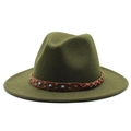 Olive green fedora wool felt hat with bohemian brown leather band and turquoise beads - Army Green