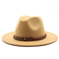 Detail of camel felt fedora hat featuring a brown leather band with turquoise beads - Camel