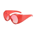 Retro futuristic oversized red round sunglasses with striped temples and pink gradient lenses - Peach Frame Gradient Pink Lens