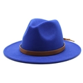 Detail of royal blue fedora hat with a textured brown leather band and side tassel - Sapphire Blue