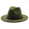 Detail of olive green fedora with black leather band and silver buckle on wool felt - Army Green