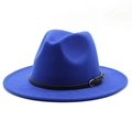 Detail of royal blue wool fedora hat featuring a black leather band with silver buckle - Sapphire Blue