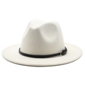 Classic white wool fedora hat for men and women with black decorative leather band - White