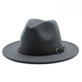 Detail of dark gray wool felt fedora featuring a black leather band and silver metal buckle - Dark Gray