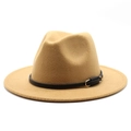 Detail of camel wool fedora hat featuring a slim black leather band and gold buckle - Camel