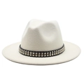 Chapeau fedora classique en laine blanche avec bande cloutée noire et bord plat élégant - Blanc