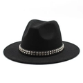 Close-up of black wool fedora featuring double-row silver pyramid studs and wide brim - M (56-58cm) / Black