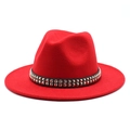 Classic red wool fedora hat with black studded leather band and wide flat brim - M (56-58cm) / Red