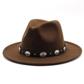 Detail of brown wool fedora hat with black leather belt and silver metal studs - Dark Coffee