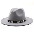 Detailed view of light gray wool felt fedora with black leather band and silver buckles - Light Gray