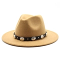 Detail of camel wool fedora hat featuring black faux leather band and vintage metal buckle - Camel