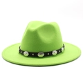 Detail of neon green wool felt fedora featuring a black leather belt and embossed metal buckle - Fluorescent Green