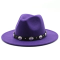 Classic purple wide brim wool felt jazz fedora hat with black studded leather belt - Purple