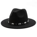 Classic black wool felt fedora hat featuring a leather band with silver metal studs - Black
