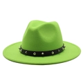 Green wool felt fedora hat featuring a black leather band with silver metal punk rivets - M (56-58cm) / Fluorescent Green