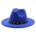 Detail view of electric blue wool fedora featuring a black leather band with silver studs - M (56-58cm) / Sapphire Blue