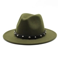 Macro view of army green wool fedora hat featuring a black leather belt with silver rivets - M (56-58cm) / Army Green