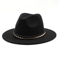 Detail of a black felt fedora hat with a decorative gold metal chain and flat brim - M (56-58cm) / Black