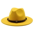Detail of a bright yellow wool fedora featuring a dark brown leather band with metal studs - M (56-58cm) / Yellow