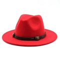 Close-up of red wool fedora hat with brown leather band and vintage metal rivets - M (56-58cm) / Red