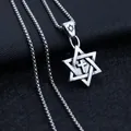 Macro shot of silver hexagram cross pendant on square link chain with metallic texture - Star Cross + Stainless Steel Chain