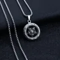 Retro stainless steel necklace with square pearl chain and star embossed round pendant - Tire with Stainless Steel Chain