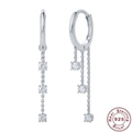 S925 sterling silver chain drop earrings with white zircon stones on white background - Silver