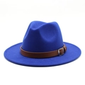 Detail of royal blue wool fedora hat featuring a brown faux leather belt and metal buckle - Sapphire Blue