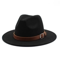 Detail of black fedora hat with flat brim and brown leather band with silver buckle - M (56-58cm) / Black