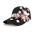 Casquette de baseball tissée pour femme avec fleurs 3D et détails de feuilles dorées - Réglable / Noir