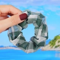 Detail shot of green and white plaid scrunchie in lightweight translucent chiffon fabric - Large Green Plaid