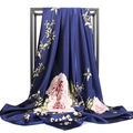 Elegant navy blue satin silk scarf with pink peony floral print on display stand - Navy Pink Peony (#29)