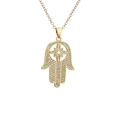 Gold Hamsa Hand necklace with colorful cubic zirconia and evil eye pendant detail - Hollow Star Design Hamsa