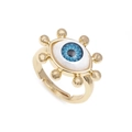 Adjustable gold-tone evil eye ring with blue iris motif and micro-inlaid gold beads - Adjustable Open / Beaded Evil Eye / Gold-Classic Blue White Eye