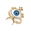 Adjustable gold copper ring featuring blue evil eye with moon and star accents - Adjustable Open / Star Moon Evil Eye / Gold-Light Blue Eye