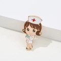 Cartoon enamel nurse brooch pin with brown hair and white hat on white background - Nurse with Blue Clipboard