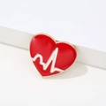 Red heart-shaped enamel pin with white heartbeat line and gold metallic border - Heart Heartbeat Wave