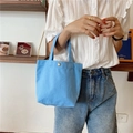 Close-up of a blue canvas lunch bag held by a model in a cozy interior scene - Light Blue (With Snap Button)
