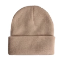 Unisex beige knitted beanie hat with cuff design for winter warmth on white background - Camel