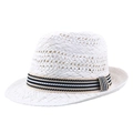 Classic white woven straw fedora with black and beige striped band for summer sun protection - 57cm / White