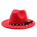 Detail of red wool fedora with black velvet band, white pearls and side ribbon bow - M (56-58cm) / Red