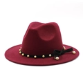 Detail view of burgundy wool fedora with pearl bead chain and black grosgrain bow - Burgundy
