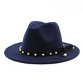 Detailed view of dark blue wool fedora hat featuring faux pearls and ribbon bow decoration - Navy Blue