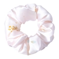 3.5cm mulberry silk scrunchie in pale pink with yellow and light blue floral patterns - Small Lily Pattern